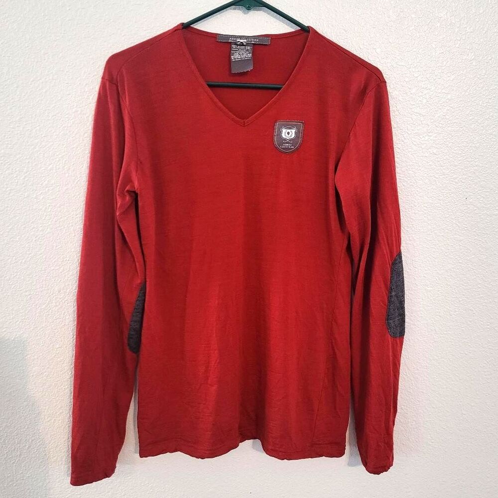 ASMAR Equestrian Maroon 100% Merino Wool Shirt Sz Large Elbow Patch Long Sleeve